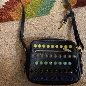 Fossil blue leather and grommets shoulder purse